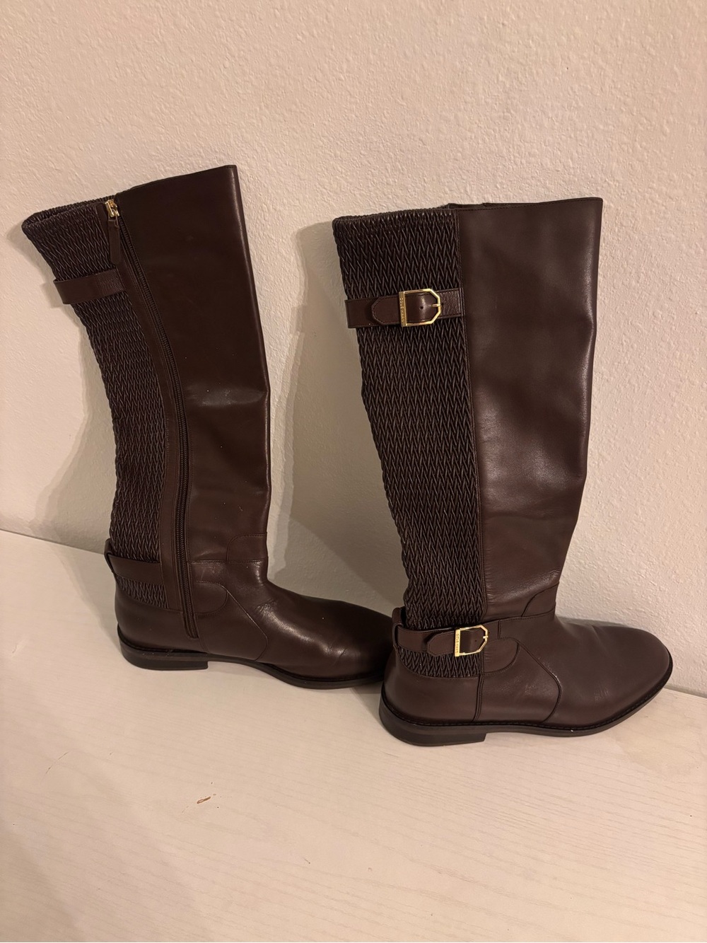 Cole Haan Brown Knee-High Riding Boots with Gold Buckles